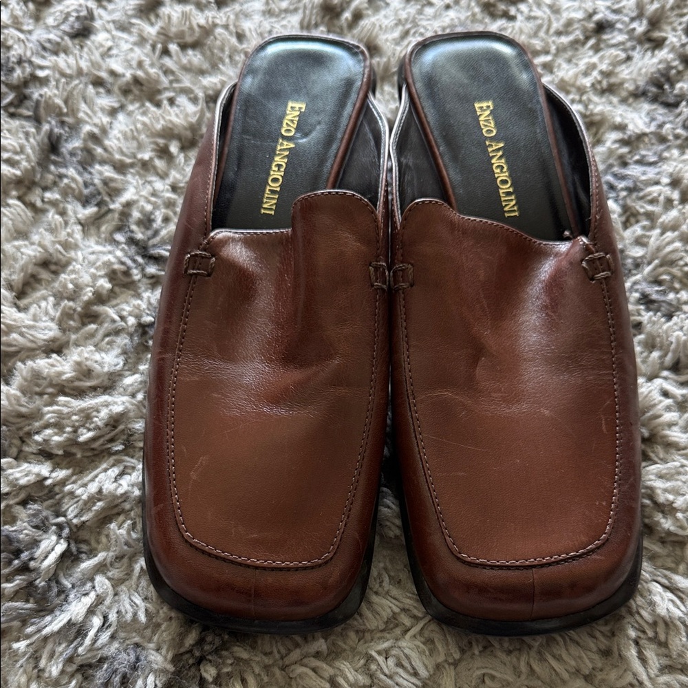 Enzo Angiolini Brown Leather Slip-On Mule Loafers